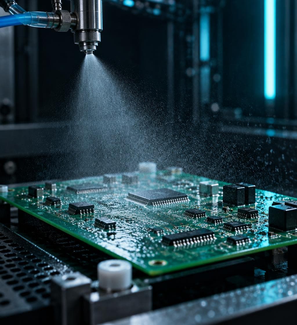 Leiterplatte wird in einer industriellen Beschichtungskabine mit transparentem Schutzlack besprüht